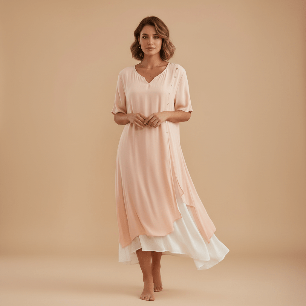 Vestido Feminino Midi em Camadas com Botões.Gramora | Luxury Ladies Clothing