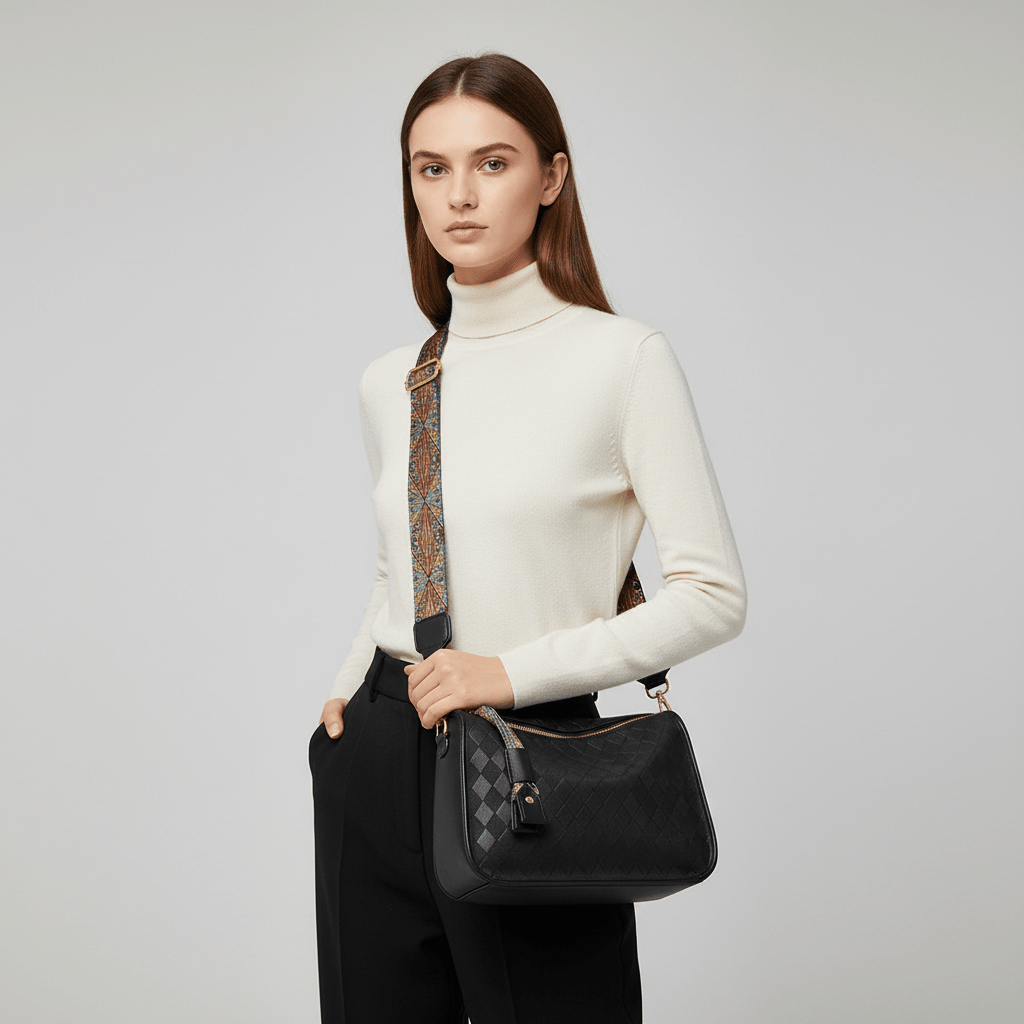 Bolsa Transversal com Estampa Geométrica e Alça Larga PretaGramora | Luxury Ladies Clothing