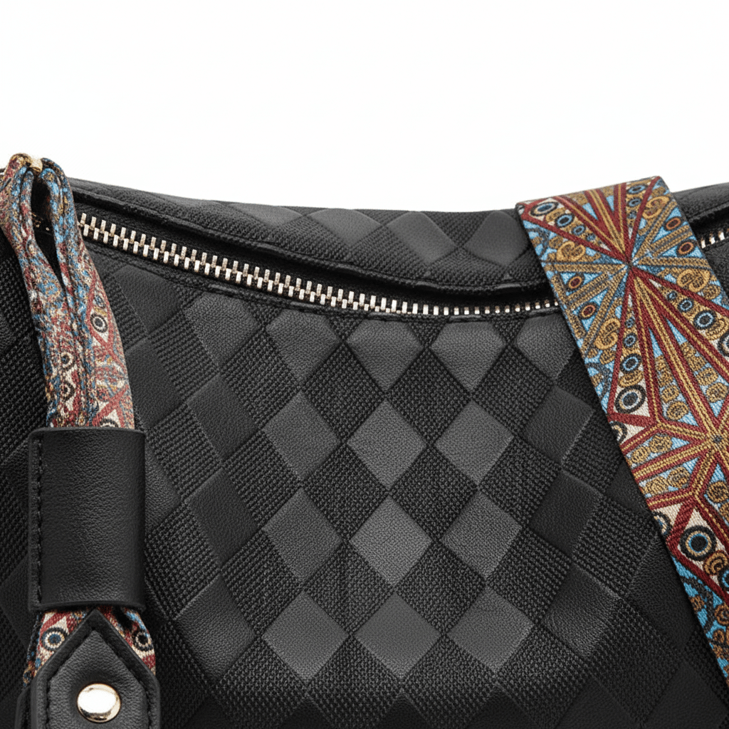 Bolsa Transversal com Estampa Geométrica e Alça Larga PretaGramora | Luxury Ladies Clothing