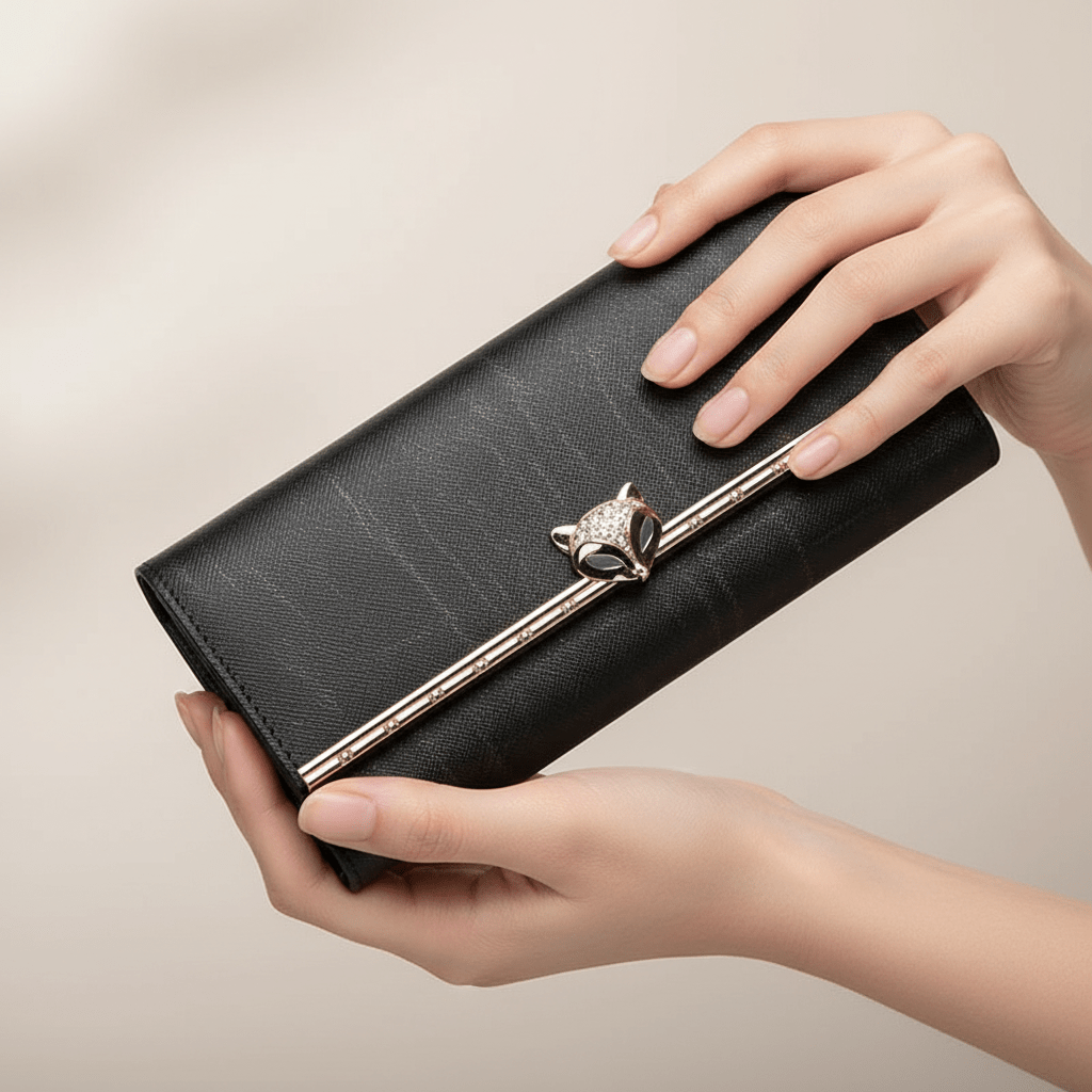 Carteira Feminina Longa em Couro com Fecho Metálico PretaGramora | Luxury Ladies Clothing