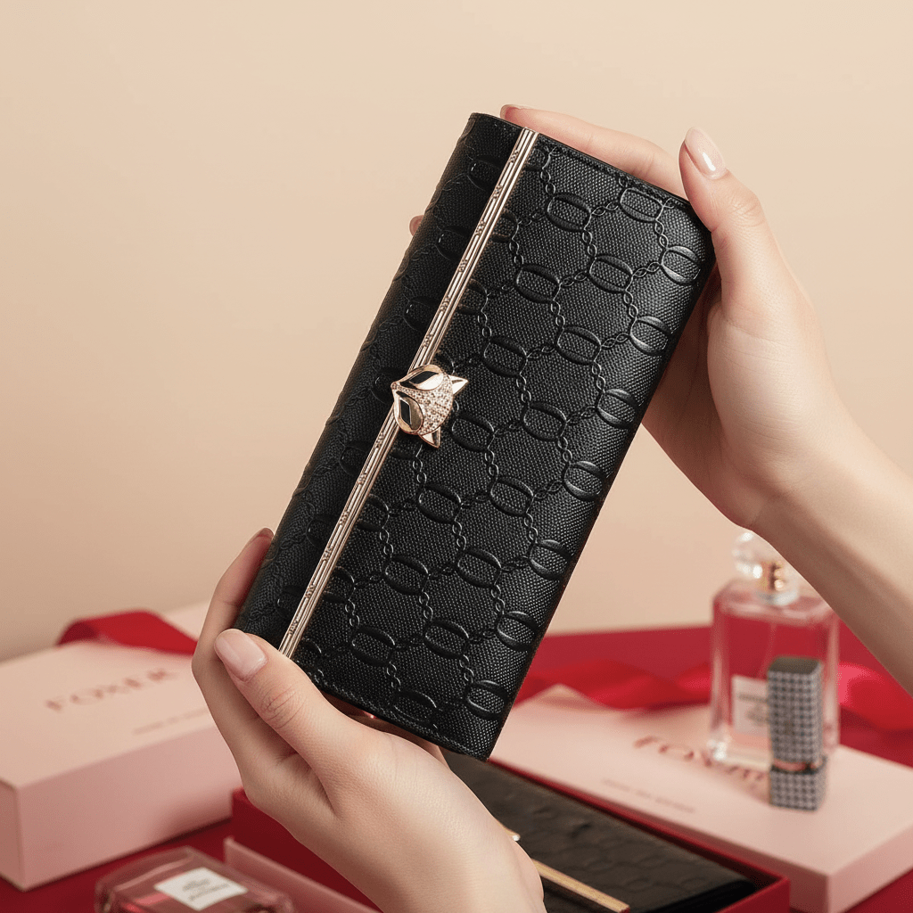 Carteira Feminina Longa Texturizada com Fecho Metálico PretaGramora | Luxury Ladies Clothing