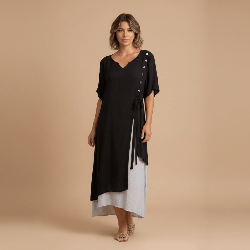 Vestido Feminino Midi em Camadas com Botões.Gramora | Luxury Ladies Clothing