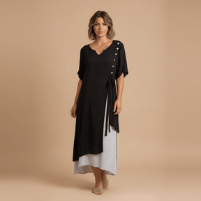 Vestido Feminino Midi em Camadas com Botões.Gramora | Luxury Ladies Clothing
