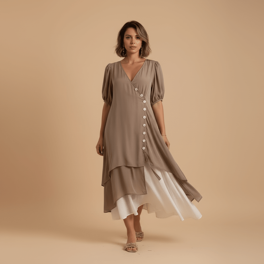 Vestido Feminino Midi em Camadas com Botões.Gramora | Luxury Ladies Clothing