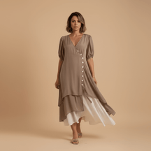 Vestido Feminino Midi em Camadas com Botões.Gramora | Luxury Ladies Clothing
